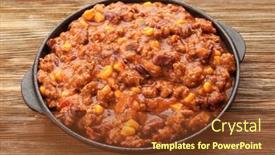  Presentation with frying - Colorful PPT theme enhanced with chili con carne in frying pan on wooden background backdrop and a tawny brown colored foreground