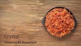  Presentation with frying - Amazing slide deck having chili con carne in frying pan on wooden background backdrop and a coral colored foreground