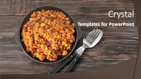  Presentation with frying - Slide deck consisting of chili con carne in frying pan on table background and a tawny brown colored foreground