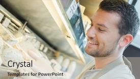  Presentation with reservation counter - Presentation consisting of chiller - gloved man at cold counter background and a soft green colored foreground