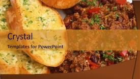  Presentation with chilli - Presentation with chilli con carne served with garlic and herb bread background and a gold colored foreground