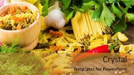  Presentation with macaroni - Amazing presentation design having chilli pepper macaroni herbs and splices on kitchen table backdrop and a gold colored foreground