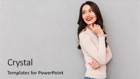  Presentation with portrait of excited overjoyed female - Cool new PPT theme with chin with smile and turn backdrop and a light gray colored foreground