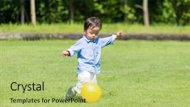  Presentation with dog park dogs plays - Cool new PPT layouts with china children - little boy playing soccer backdrop and a yellow colored foreground