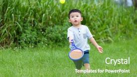  Presentation with play - Colorful presentation design enhanced with china children - young boy play tennis backdrop and a seafoam green colored foreground