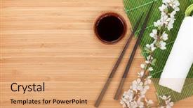  Presentation with china culture - Slide set with china culture - chopsticks sakura branch soy sauce background and a coral colored foreground