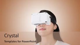  Presentation with cyber - Colorful PPT layouts enhanced with china cyber - woman using the virtual reality backdrop and a coral colored foreground