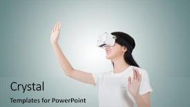  Presentation with cyber - PPT layouts consisting of china cyber - woman using the virtual reality background and a light gray colored foreground
