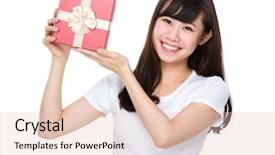  Presentation with asian - Slide deck having asian young woman hold with gift box background and a lemonade colored foreground