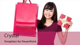  Presentation with woman pushing shopping trolley - Cool new slides with christmas prize - asian young woman hold backdrop and a violet colored foreground