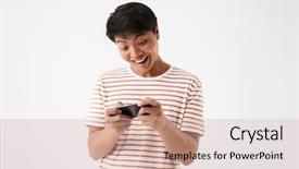  Presentation with mobile games - Audience pleasing PPT layouts consisting of portrait of a happy young asian man playing games on mobile phone isolated over white backdrop and a coral colored foreground