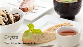  Presentation with china food - Audience pleasing presentation theme consisting of china food - salad soup with pork and udon chicken spring roll chocolate dessert backdrop and a coral colored foreground