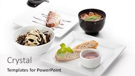  Presentation with china food - Amazing slide deck having china food - salad soup with pork and udon chicken spring roll chocolate dessert backdrop and a white colored foreground
