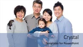  Presentation with generation - Slide set consisting of china law - happy three generation asian family background and a teal colored foreground