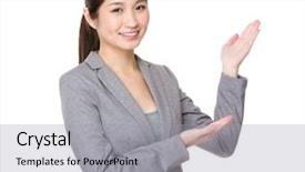  Presentation with hand palm - Presentation design enhanced with china leadership - businesswoman with open hand palm background and a light gray colored foreground