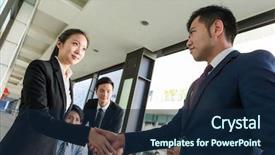  Presentation with group - Colorful PPT theme enhanced with china leadership - group of business people hand backdrop and a navy blue colored foreground