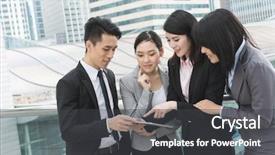  Presentation with five business people standing together and smiling - Presentation enhanced with china leadership - group of business people work background and a dark gray colored foreground