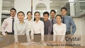  Presentation with office desk reception - Audience pleasing slide set consisting of china leadership - office team standing near backdrop and a  colored foreground