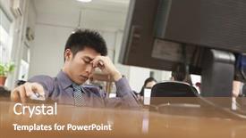  Presentation with computer - Beautiful PPT theme featuring china people - exhausted businessman sitting in front backdrop and a coral colored foreground