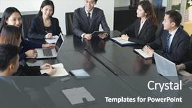  Presentation with meeting - Slide deck featuring chinese - business people having meeting background and a dark gray colored foreground