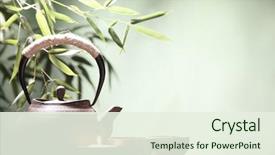  Presentation with bamboo cups - PPT theme featuring chinese - teapot and cups on table background and a sky blue colored foreground