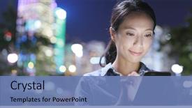  Presentation with city night - Colorful presentation theme enhanced with chinese - young woman using mobile phone backdrop and a teal colored foreground