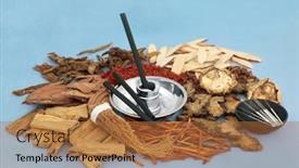  Presentation with herbs blue - Presentation design enhanced with chinese-acupuncture-needles-and-moxa background and a red colored foreground