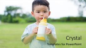  Presentation with asian - Presentation design consisting of chinese baby - asian boy drink with water background and a mint green colored foreground