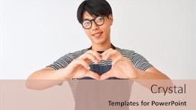  Presentation with bartender - Amazing presentation design having chinese bartender man wearing apron and glasses standing over isolated white background smiling in love showing heart symbol and shape with hands romantic concept backdrop and a lemonade colored foreground