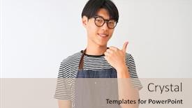  Presentation with bartender - Cool new PPT theme with chinese bartender man wearing apron and glasses standing over isolated white background doing happy thumbs up gesture with hand approving expression looking at the camera with showing success backdrop and a soft green colored foreground