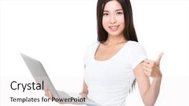  Presentation with computer evolution - Presentation theme having chinese beauty - asian woman hold with notebook background and a  colored foreground