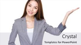  Presentation with hand palm - Cool new slides with chinese beauty - asian young businesswoman with open backdrop and a  colored foreground
