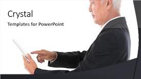  Presentation with senior asian - Cool new PPT theme with chinese boss using tablet computer backdrop and a pink colored foreground