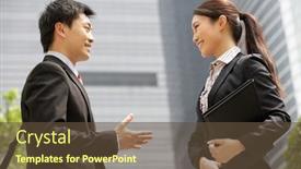  Presentation with discussion - Slide deck with chinese businessman and businesswoman having discussion outside office background and a tawny brown colored foreground