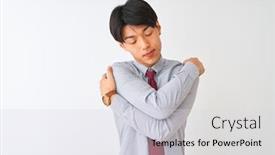  Presentation with confident love - Slide deck featuring chinese businessman wearing elegant tie standing over isolated white background hugging oneself happy and positive smiling confident self love and self care background and a light gray colored foreground