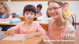  Presentation with school elementary - Cool new presentation with chinese children - pretty teacher helping pupil backdrop and a coral colored foreground