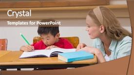  Presentation with diverse elementary students in classroom - Theme with chinese children - teacher helping pupil in classroom background and a  colored foreground