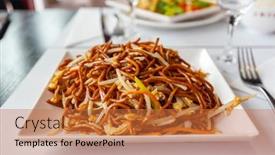  Presentation with chinese chinese - PPT theme featuring chinese-dish-chow-mein-noodles background and a coral colored foreground