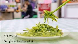  Presentation with spinach - Presentation theme featuring chinese-dishes-stir-fry-water background and a yellow colored foreground