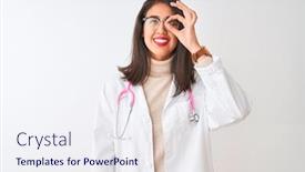  Presentation with eye doctor - PPT theme consisting of chinese doctor woman wearing coat and pink stethoscope over isolated white background doing ok gesture with hand smiling eye looking through fingers with happy face background and a sky blue colored foreground