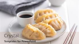  Presentation with soy sauce - Presentation consisting of chinese-dumplings-and-soy-sauce background and a coral colored foreground