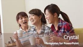  Presentation with movements of women in asia - PPT theme with chinese eat - asian women chat close-up indoor background and a violet colored foreground