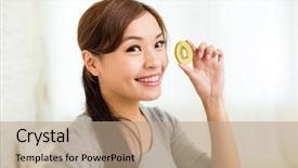  Presentation with kiwi fruit - Audience pleasing PPT theme consisting of chinese eat - woman showing slices of kiwi backdrop and a  colored foreground
