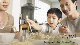  Presentation with dining table - Presentation design enhanced with chinese eat - young parents watching son trying background and a coral colored foreground