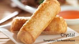  Presentation with sauce - PPT layouts featuring chinese egg rolls with sauce background and a coral colored foreground