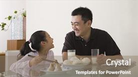  Presentation with daughter - Beautiful slides featuring chinese family - father and daughter sat backdrop and a coral colored foreground