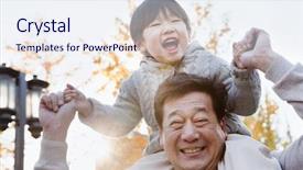  Presentation with shepherd carrying sheep on shoulder - Theme enhanced with chinese family - grandfather carrying grandson on his background and a sky blue colored foreground
