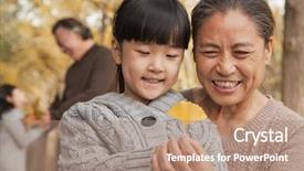  Presentation with grandparents - Beautiful PPT theme featuring chinese family - grandparents and granddaughters in park backdrop and a coral colored foreground