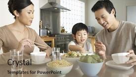  Presentation with parents - Beautiful slide set featuring chinese family - young parents watching son stick backdrop and a coral colored foreground