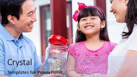  Presentation with saving - Audience pleasing slide set consisting of chinese family saving money for college fund of child putting coins in jar backdrop and a light blue colored foreground